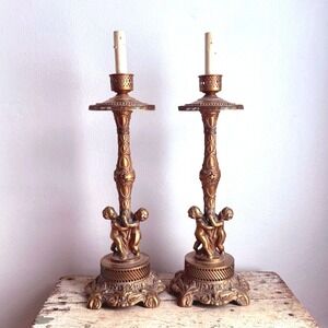 Pair Antique Brass Ornate Cherub Claw Foot Candlestick Table Lamp Set Cut Wires
